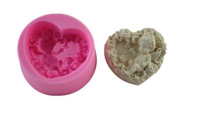 Çiçekli Kalp İçinde Oturan Kanatlı Melek Silikon Kalıp KHME16 - 1